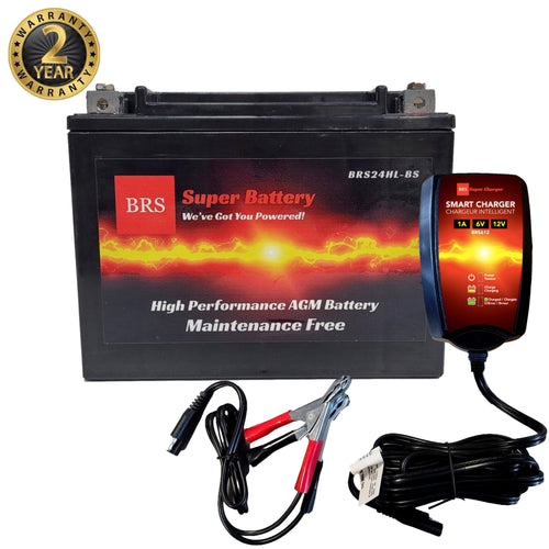 High Performance BRS24HL-BS 2 Year Warranty & Smart Charger / Maintainer Combo Bundle Kit 12v Sealed AGM PowerSports Battery