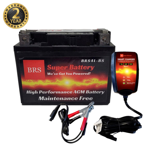 High Performance BRS4L-BS 2 Year Warranty & Smart Charger / Maintainer Combo Bundle Kit 12v Sealed AGM PowerSports Battery