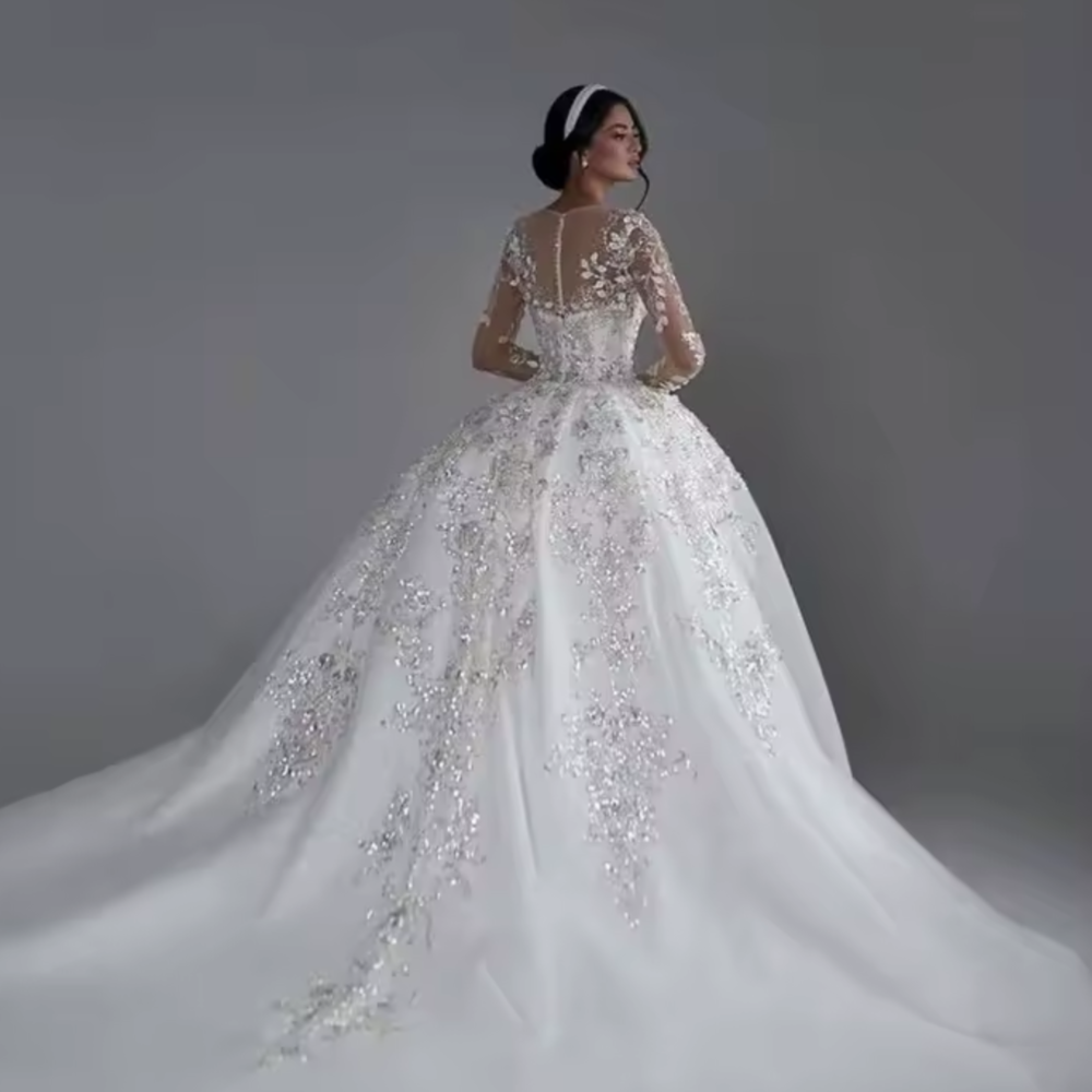 White Princess Ball Gown Wedding Dress – Long Sleeves, Sequined Beading & Royal Train, Custom Made