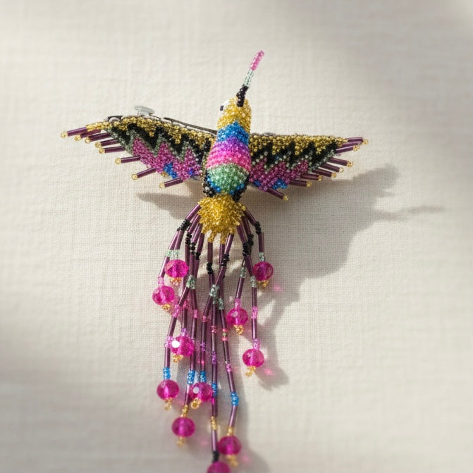 Gold blue pink Hummingbird Barrette with Fringes