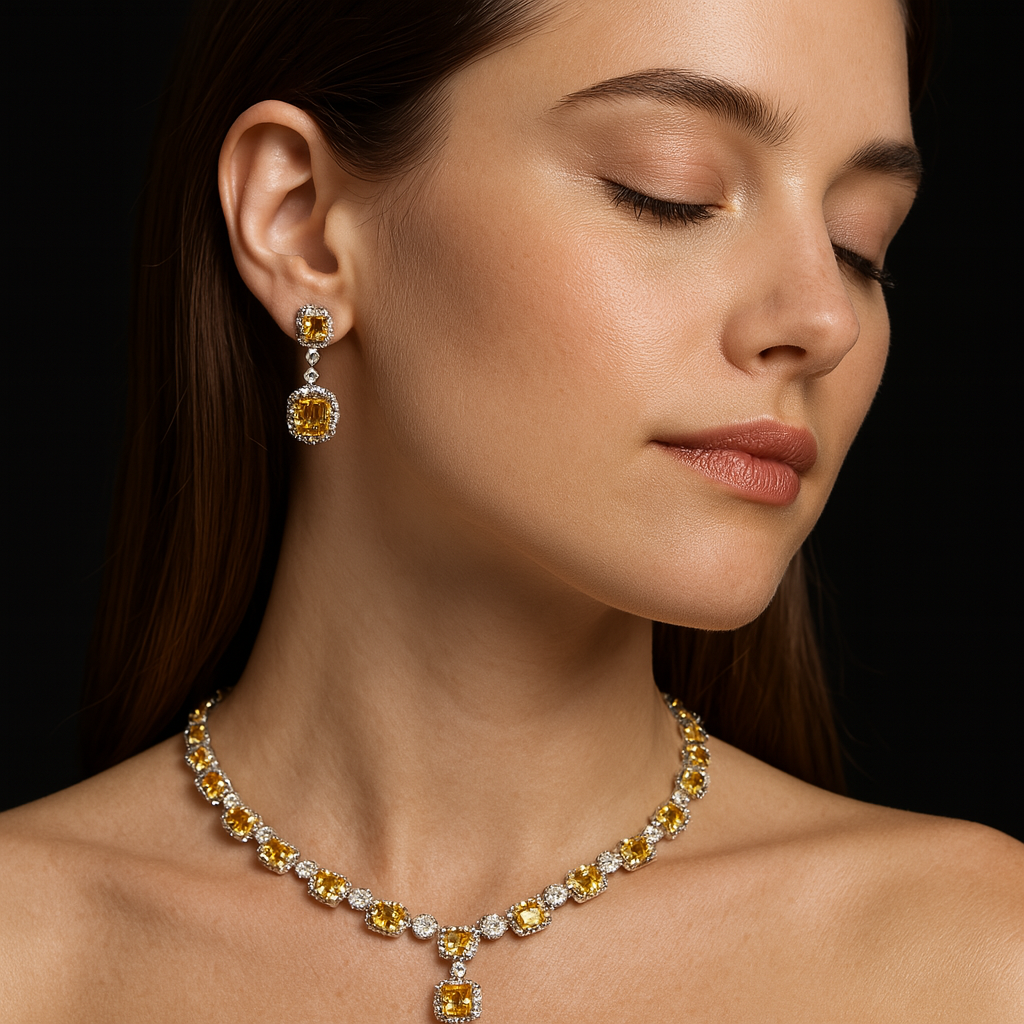 2-Piece Luxury Small Square Zirconia Jewelry Set Elegant Necklace & Earrings for Women | Party, Festival, Prom & Summer Date Look (S-650)