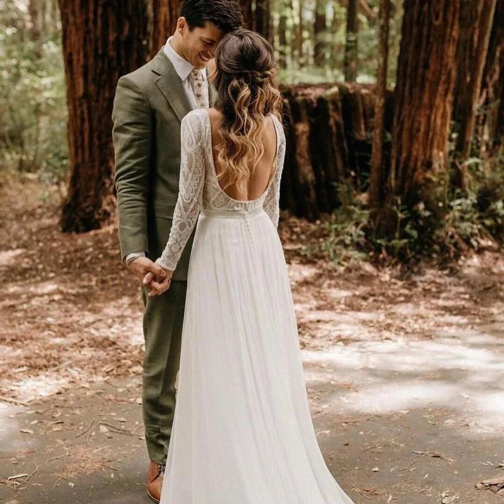 Boho Backless Lace A-Line Wedding Dress – Long Sleeve Chiffon Beach Gown, Custom Made