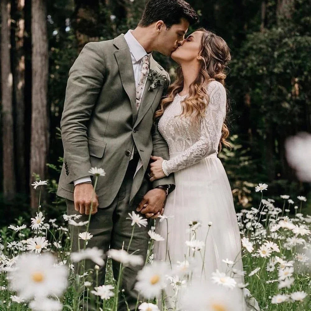 Boho Backless Lace A-Line Wedding Dress – Long Sleeve Chiffon Beach Gown, Custom Made