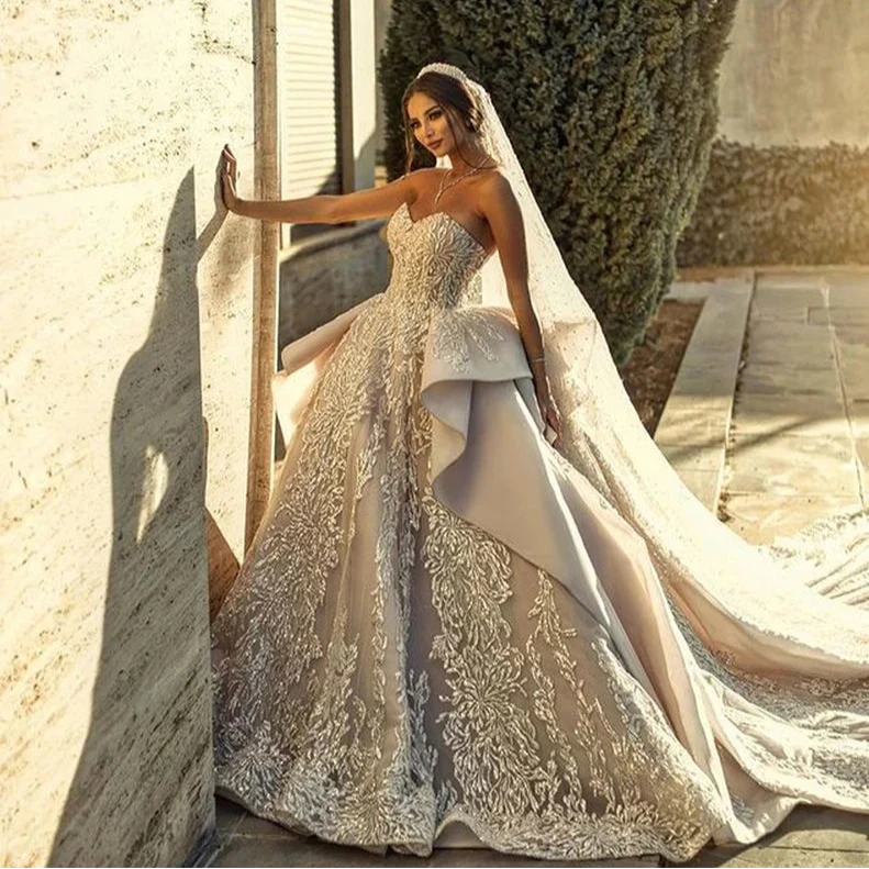 Ball Gown Wedding Dress – Sweetheart Neckline, Beading, Crystal Details & Long Train, Custom Made