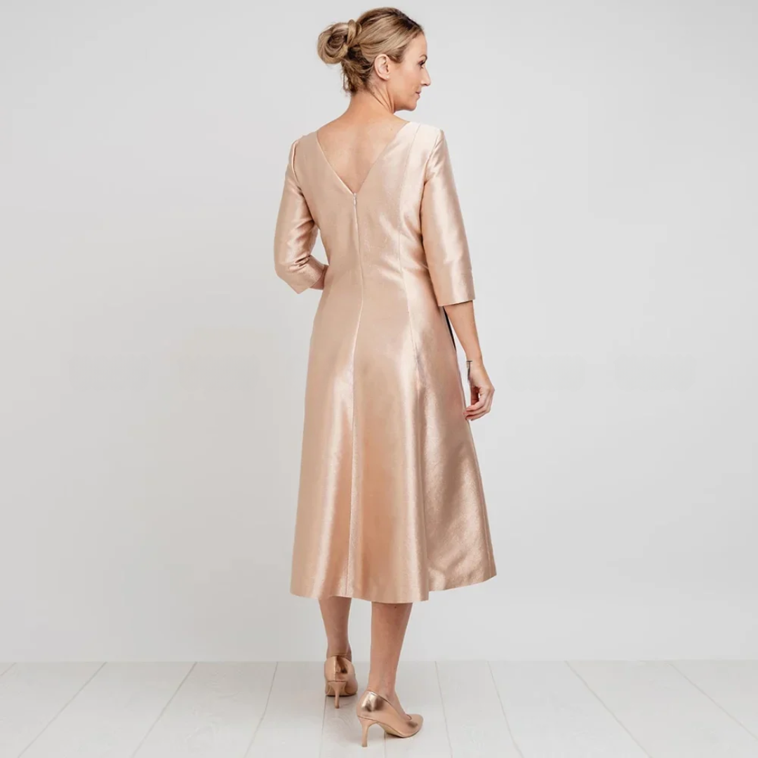 Elegant Bateau Neck A-Line Mother of the Bride Dress – Tea-Length 3/4 Sleeve Wedding Guest Dress for Women
