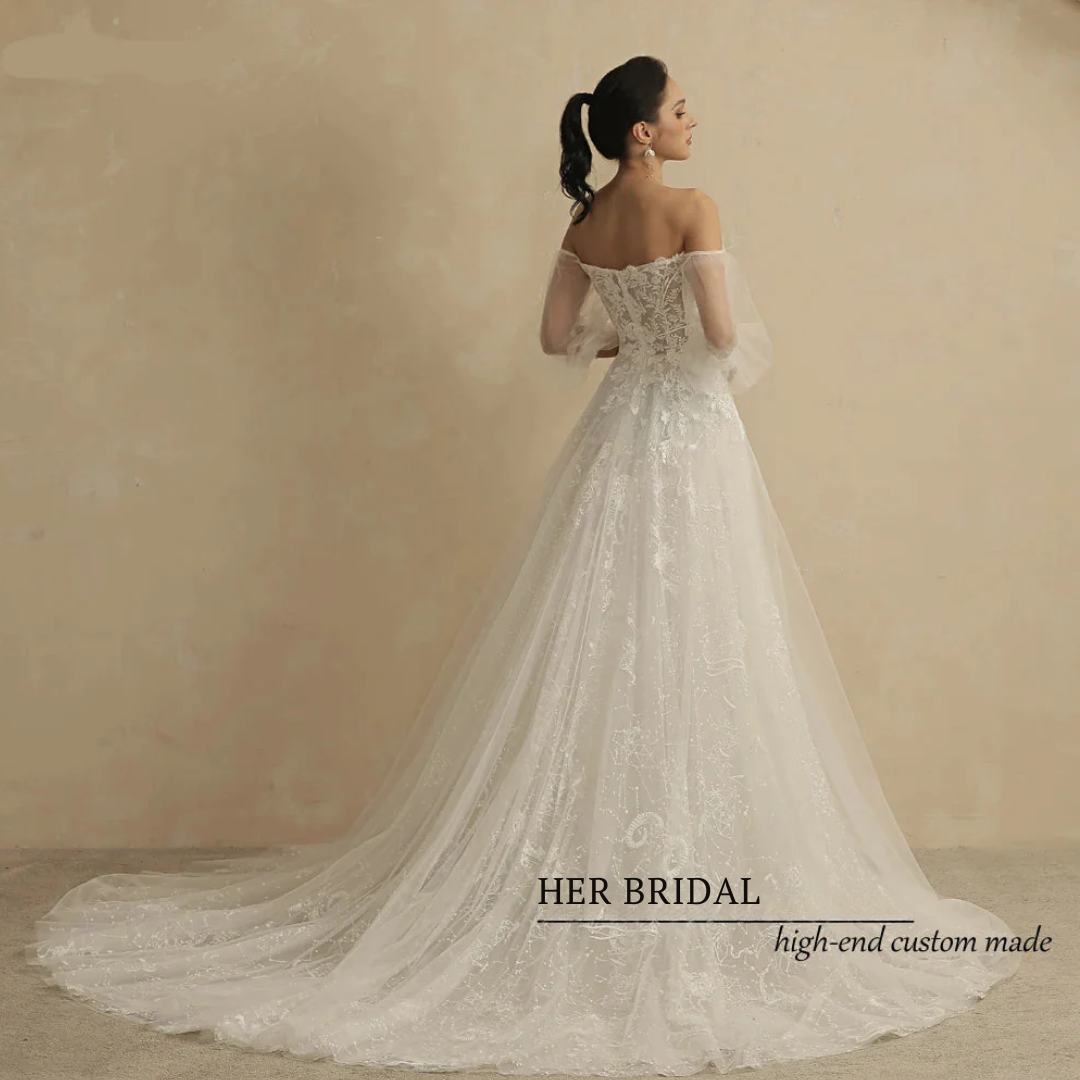 Glitter A-Line Wedding Dress – Puff Sleeves, Sweetheart Neckline & Lace Bridal Gown, Custom Made
