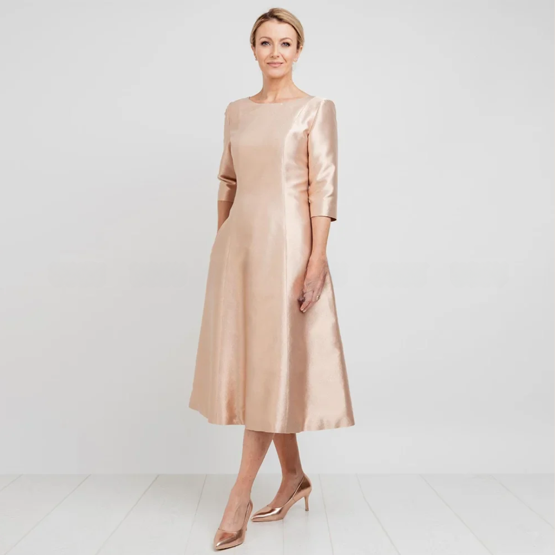 Elegant Bateau Neck A-Line Mother of the Bride Dress – Tea-Length 3/4 Sleeve Wedding Guest Dress for Women
