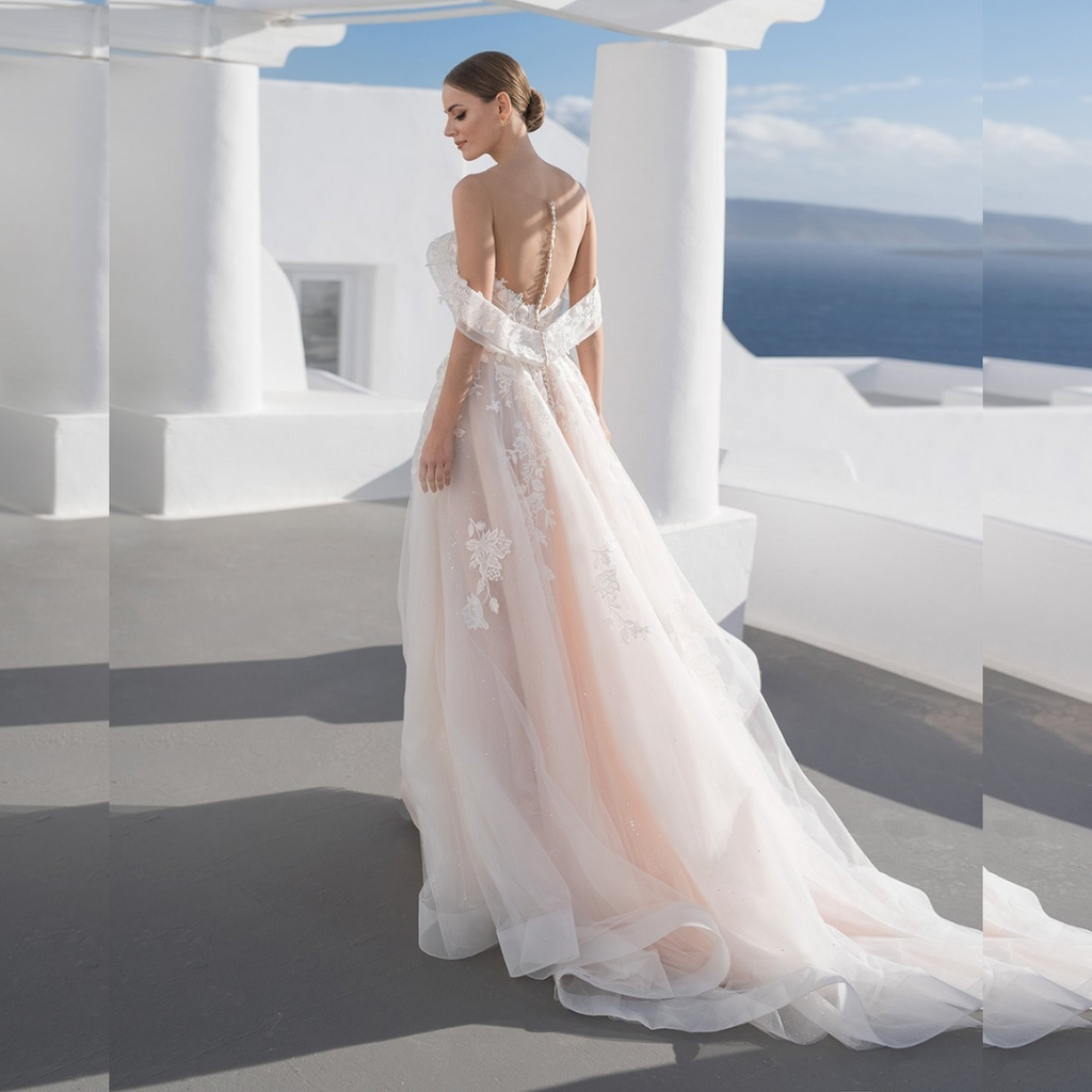Boho V-Neck A-Line Wedding Dress – Lace Appliqués & Flowing Tulle Skirt, Custom Made