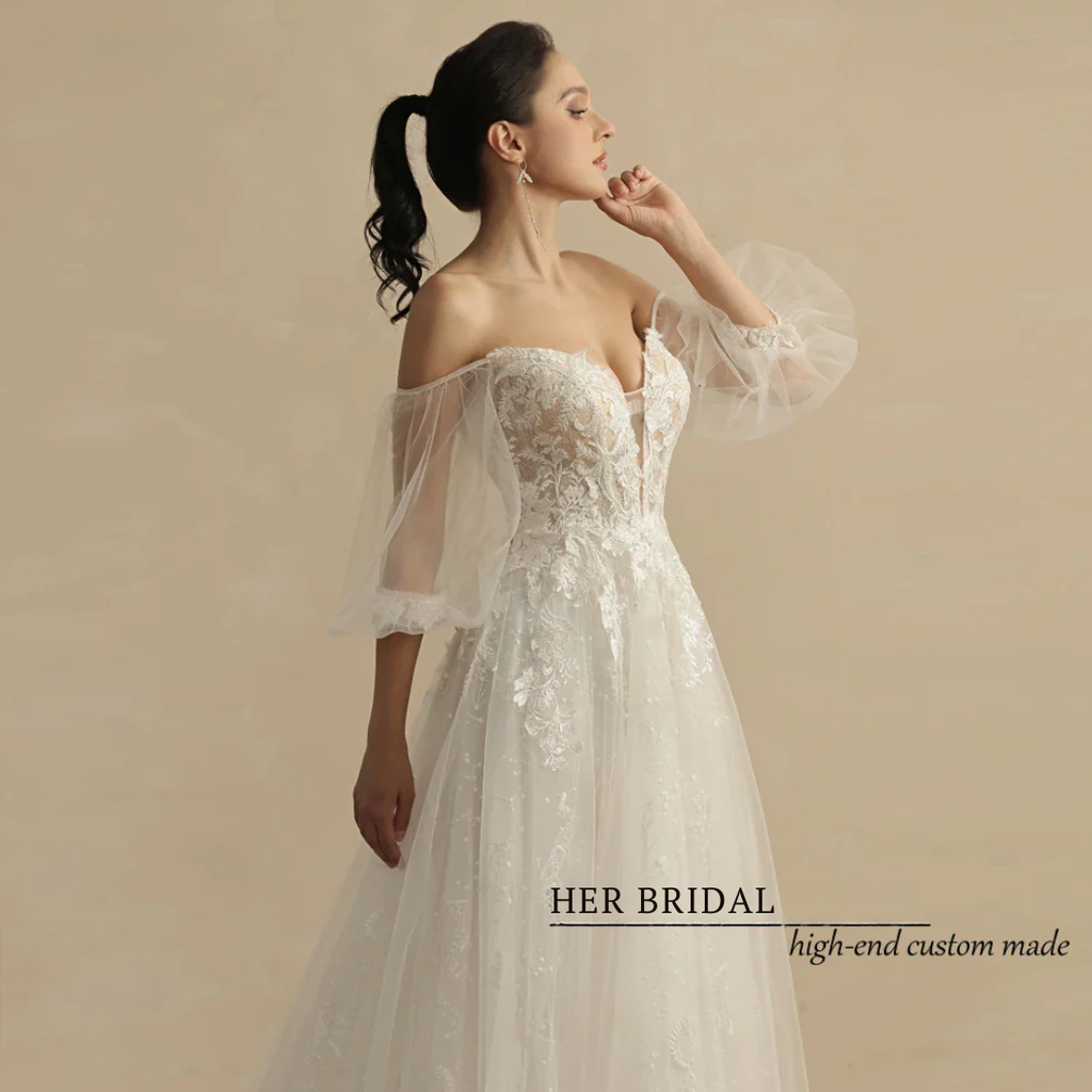 Glitter A-Line Wedding Dress – Puff Sleeves, Sweetheart Neckline & Lace Bridal Gown, Custom Made