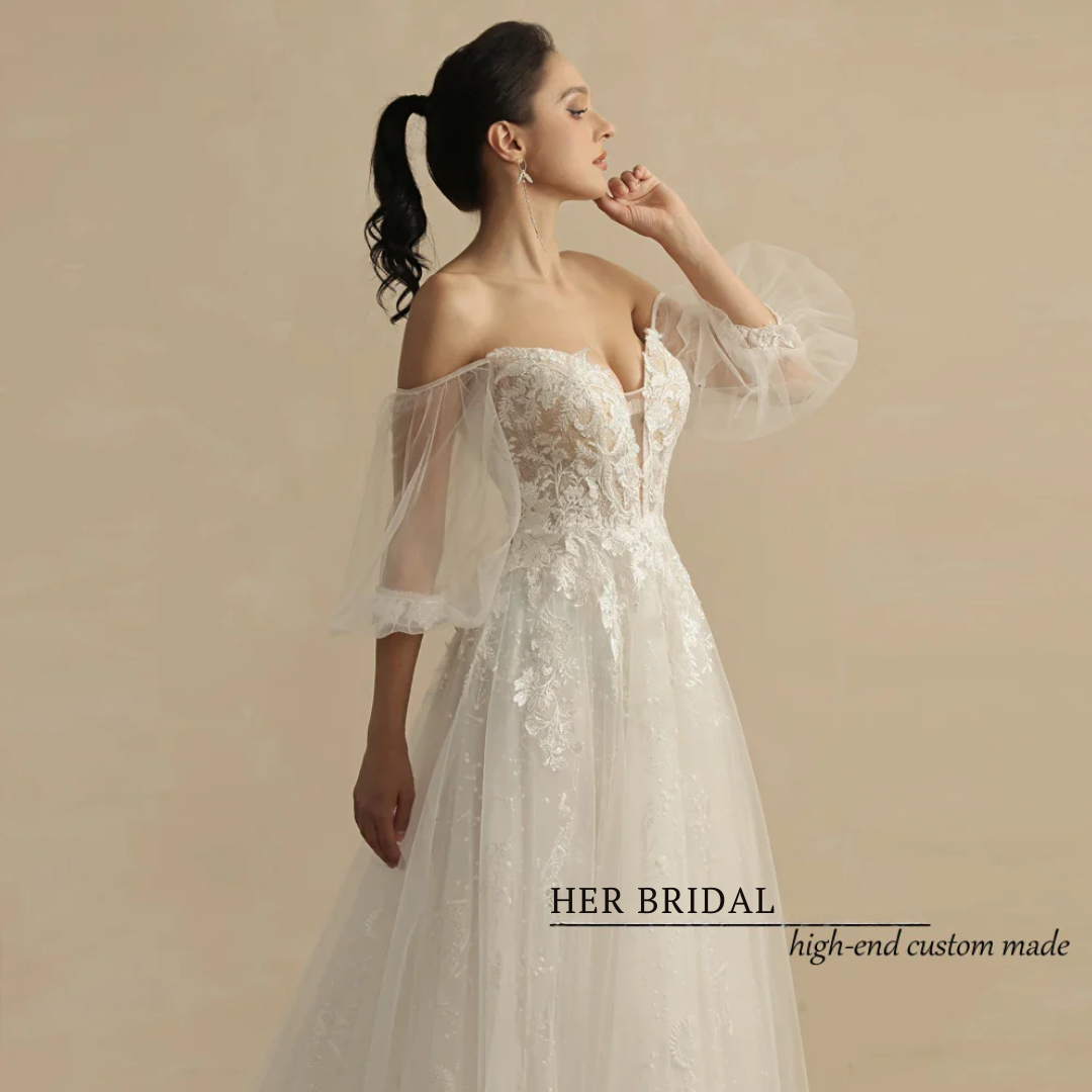 Glitter A-Line Wedding Dress – Puff Sleeves, Sweetheart Neckline & Lace Bridal Gown, Custom Made