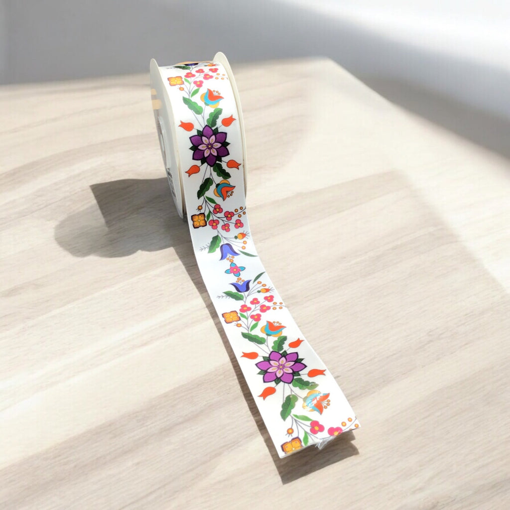 White Double Face Floral Ribbon Roll