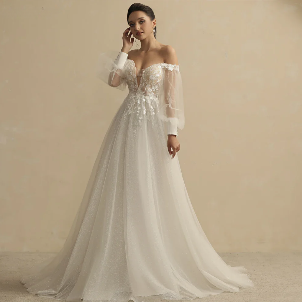 Boho A-Line Wedding Dress – Deep V-Neck, Full Sleeves, Glitter & Sweep Train, Custom Made