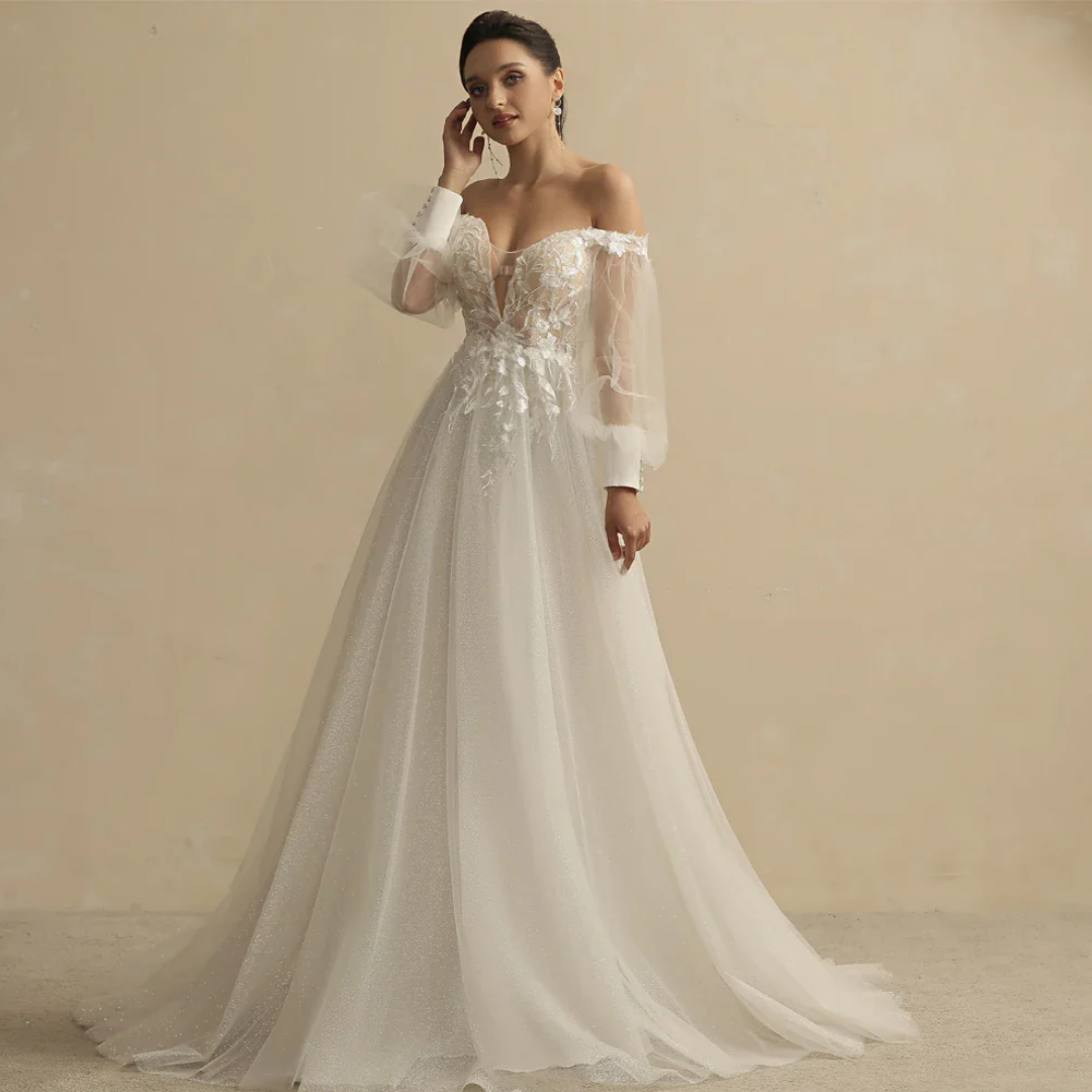 Boho A-Line Wedding Dress – Deep V-Neck, Full Sleeves, Glitter & Sweep Train, Custom Made