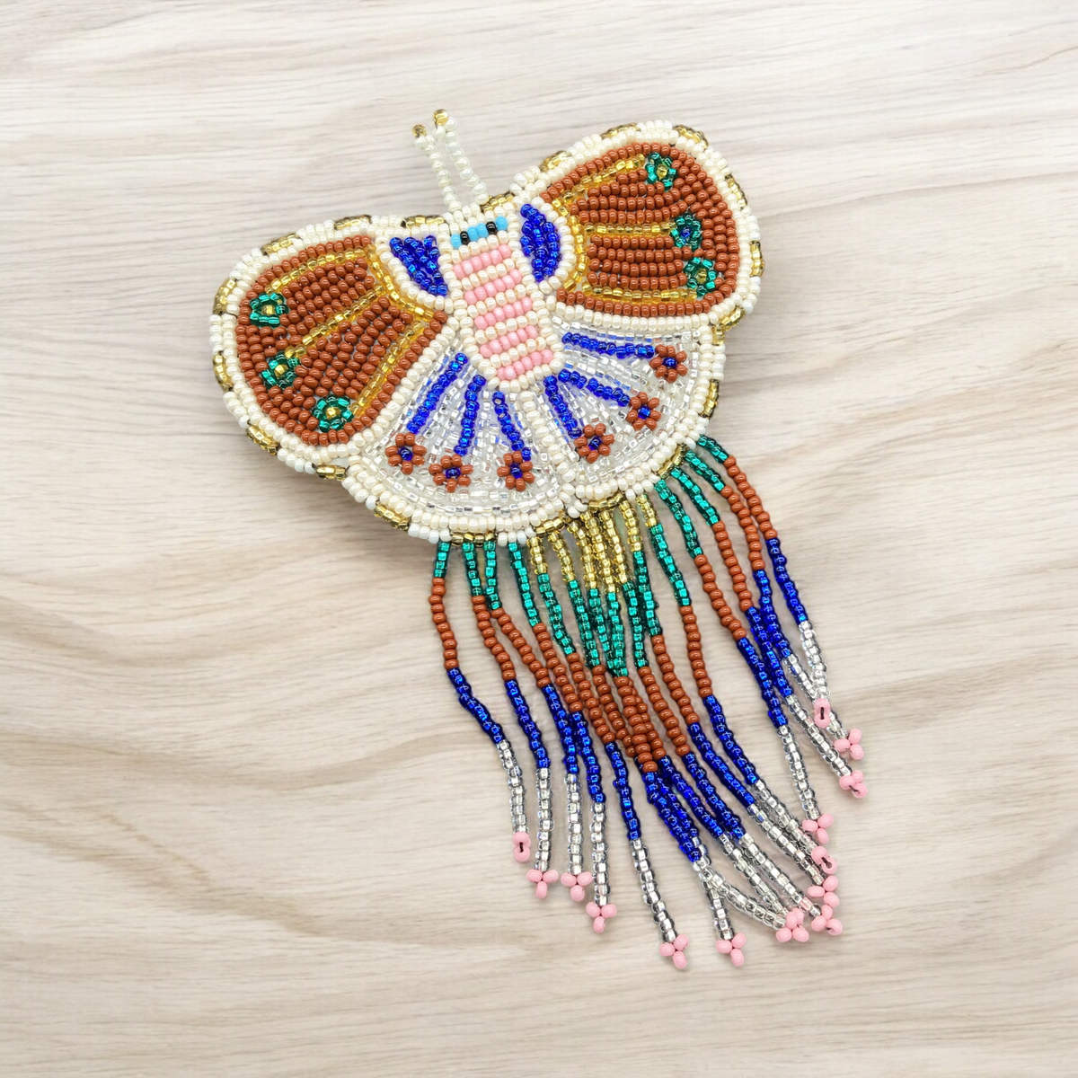 Butterfly Beaded Barrettes with Fringes Brown& White