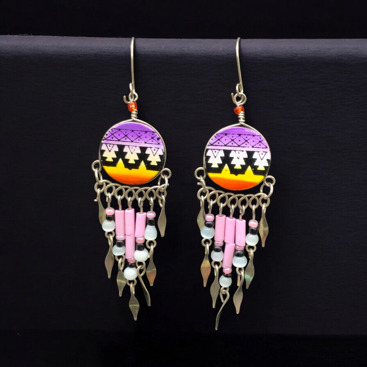 Purple and Yellow Southwestern Round Shaped Dangle Earrings