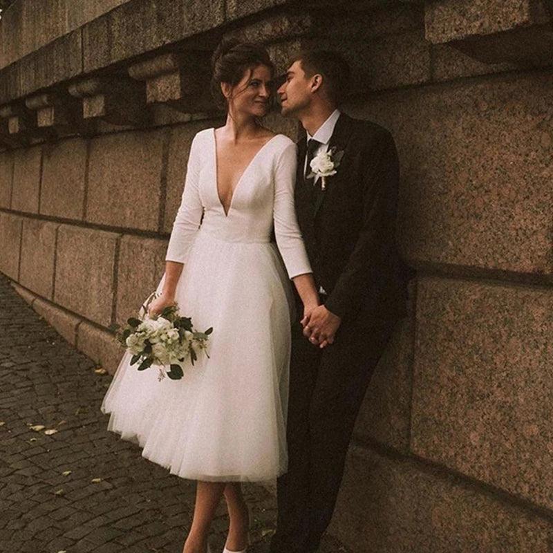 Custom Made Long Sleeve A-Line Short Wedding Dress – White Ivory Satin & Tulle Bridal Gown for Wedding or Party
