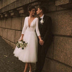 Custom Made Long Sleeve A-Line Short Wedding Dress – White Ivory Satin & Tulle Bridal Gown for Wedding or Party