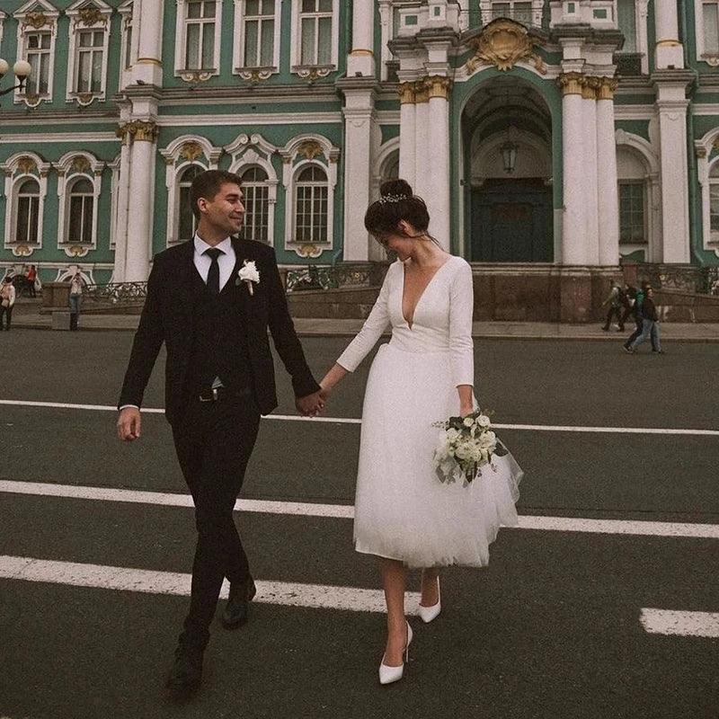 Custom Made Long Sleeve A-Line Short Wedding Dress – White Ivory Satin & Tulle Bridal Gown for Wedding or Party