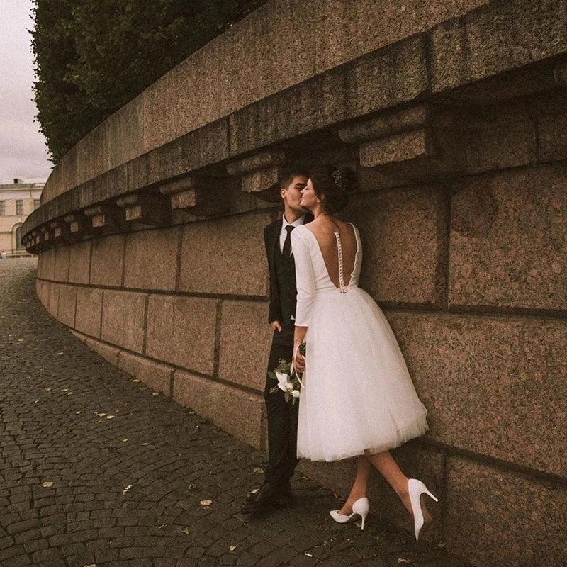 Custom Made Long Sleeve A-Line Short Wedding Dress – White Ivory Satin & Tulle Bridal Gown for Wedding or Party