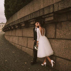 Custom Made Long Sleeve A-Line Short Wedding Dress – White Ivory Satin & Tulle Bridal Gown for Wedding or Party