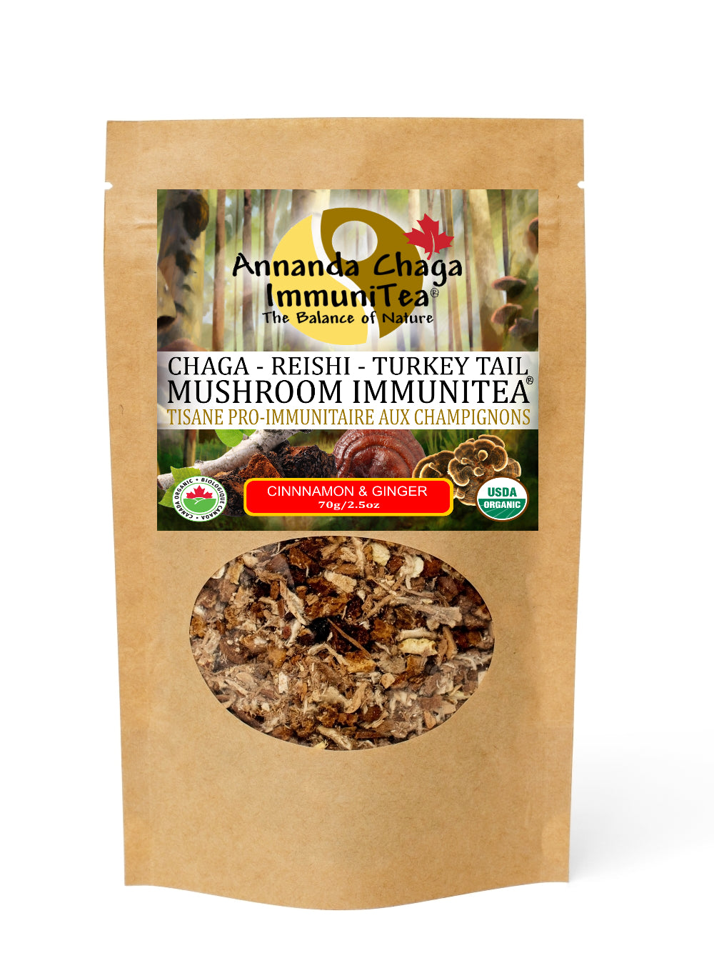 Organic Chaga, Reishi, Turkey Tail Mushroom ImmuniTea - Cinnamon Ginger