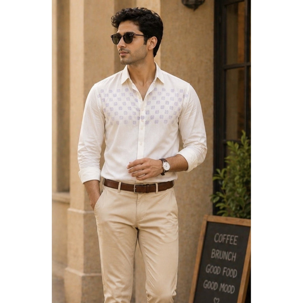 Barrio Block Printed Relaxed Fit Everyday Men's Shirt - White/Lilac