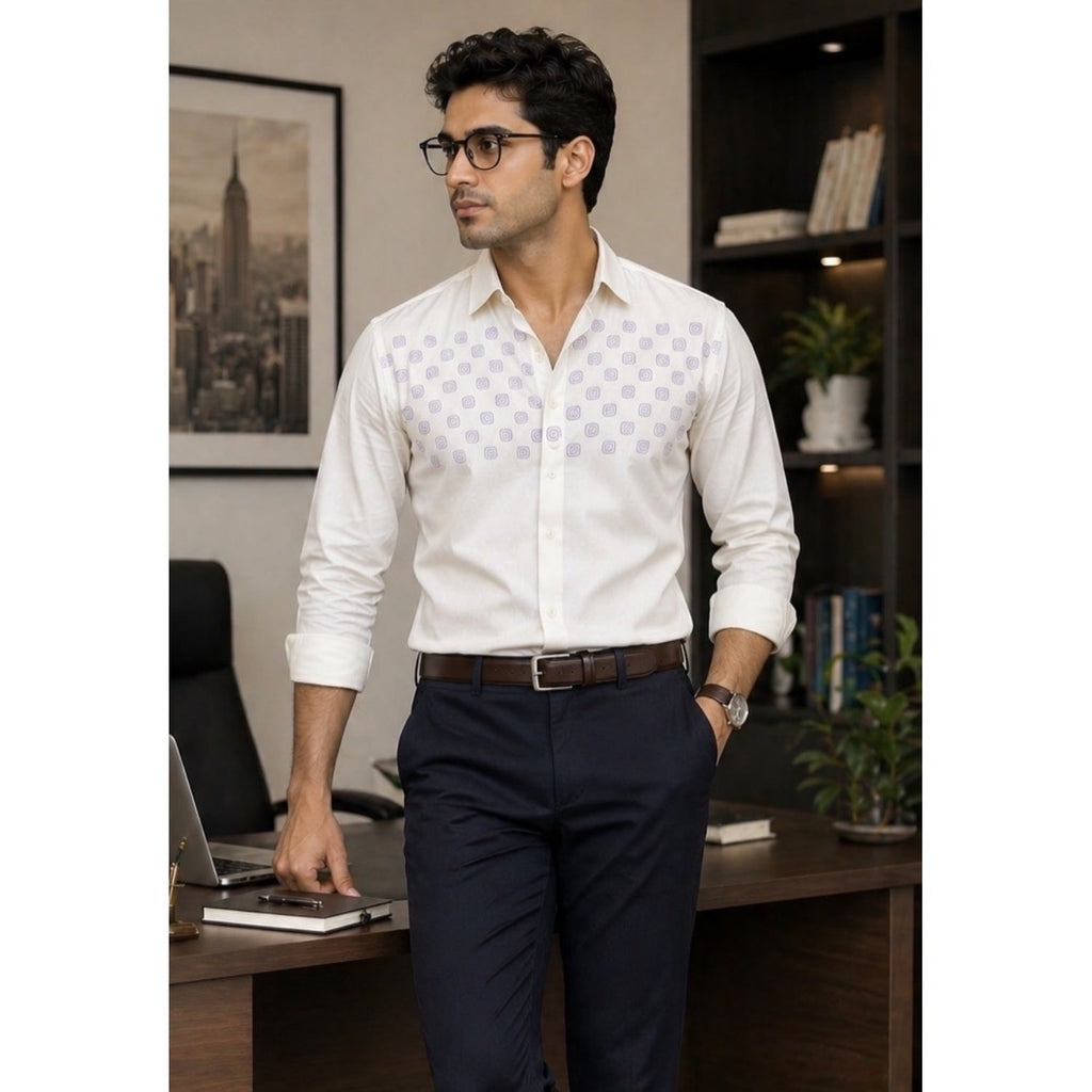 Barrio Block Printed Relaxed Fit Everyday Men's Shirt - White/Lilac