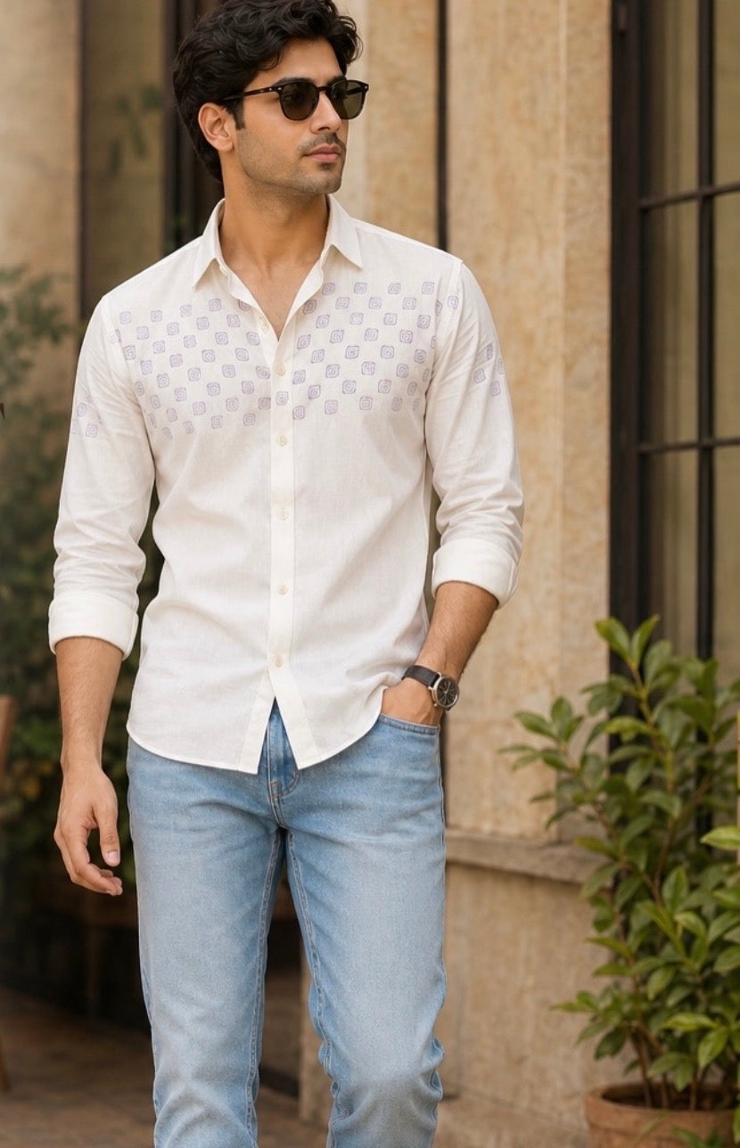 Barrio Block Printed Relaxed Fit Everyday Men's Shirt - White/Lilac