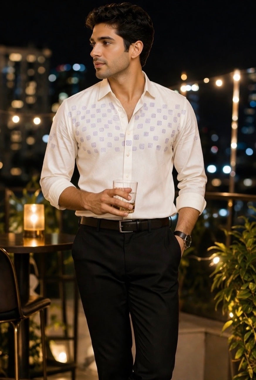 Barrio Block Printed Relaxed Fit Everyday Men's Shirt - White/Lilac