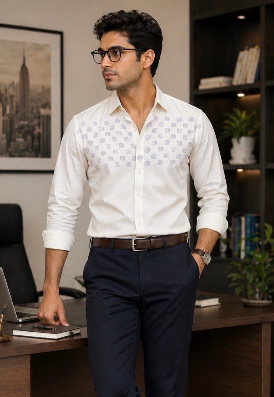 Barrio Block Printed Relaxed Fit Everyday Men's Shirt - White/Lilac