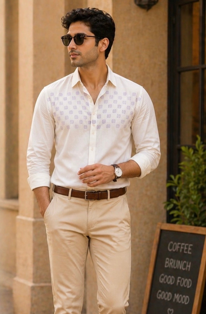 Barrio Block Printed Relaxed Fit Everyday Men's Shirt - White/Lilac