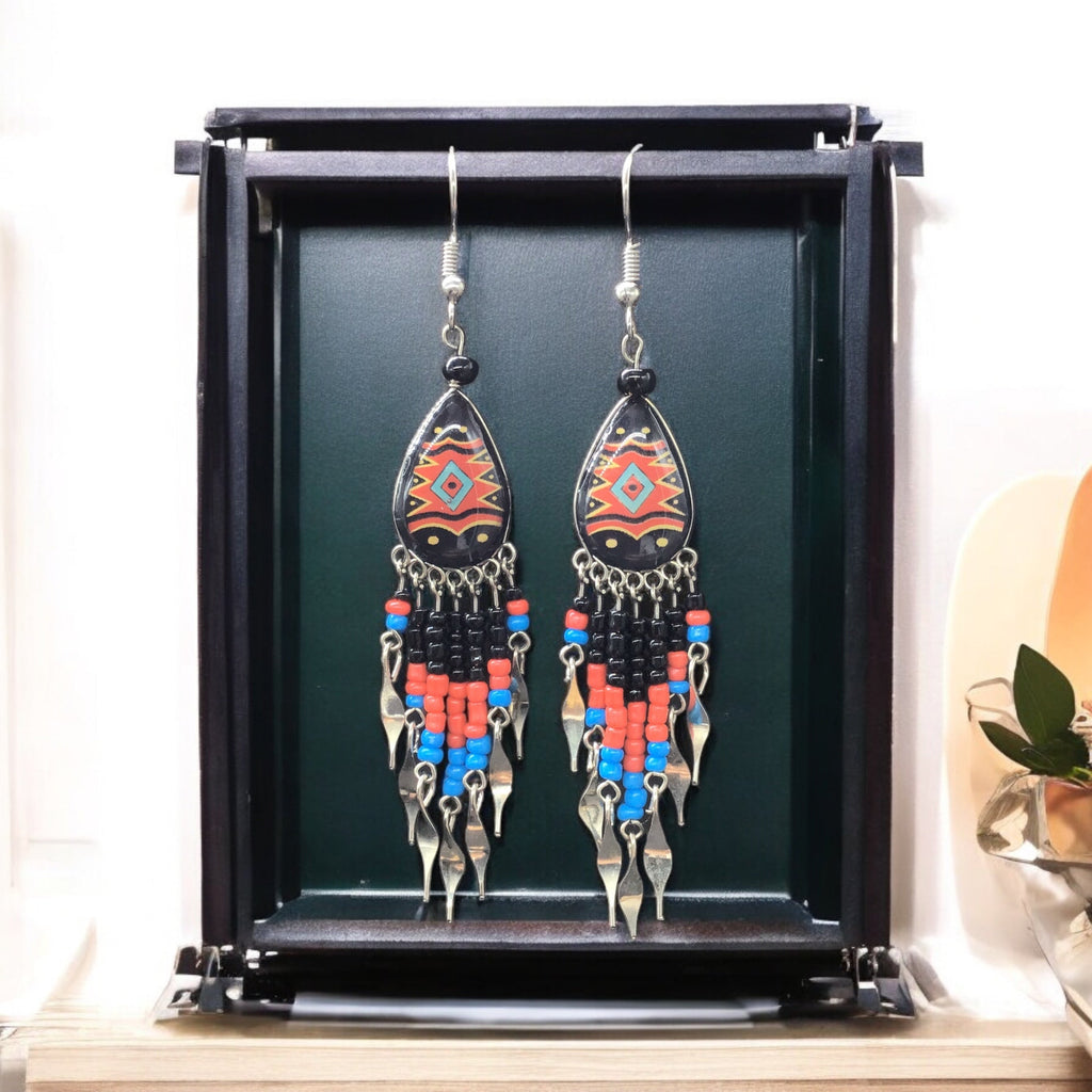 Small Sized Southwestern Black and Red Teardrop Earrings