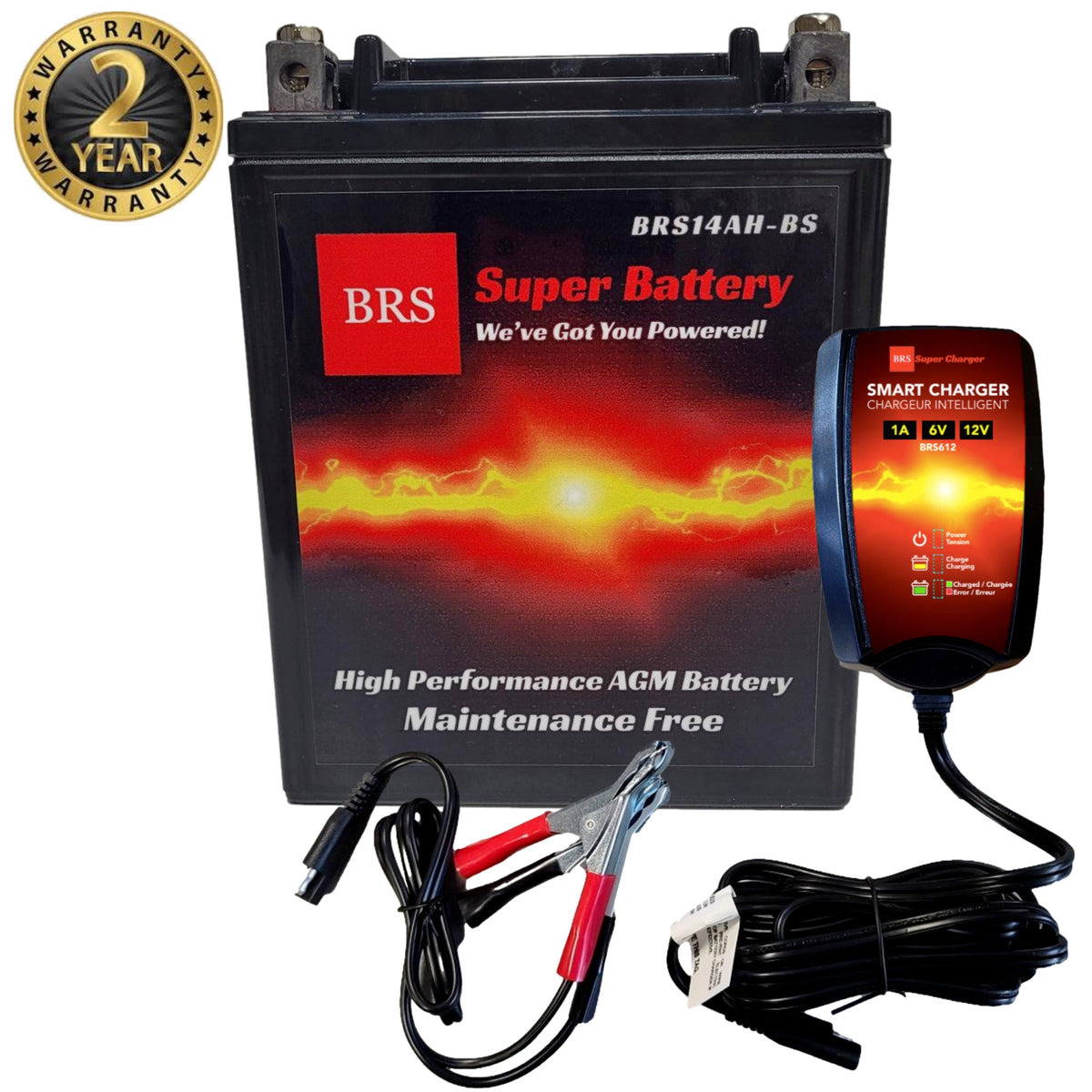High Performance BRS14AH-BS 2 Year Warranty & Smart Charger / Maintainer Combo Bundle Kit 12v Sealed AGM PowerSports Battery