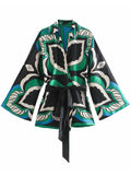 Batwing Sleeve Kimono Blouse Geometric Print Turn Down Collar Belt Sashes Oversize Casual Shirts Women Summer Chic Tops Outwear