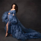 Blue Women Maternity Dresses V Neck Full Sleeves Pregnant Gown for Photoshoot Custom Made Tired Tulle Mesh Baby shower Prom Gown