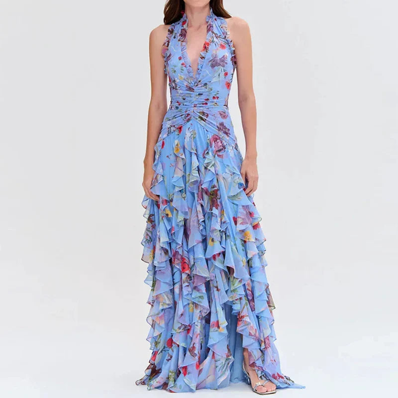 2026 Sexy Halter Floral Maxi Dress  -  Sleeveless Fit & Flare Party Gown with Ruffles
