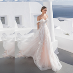 Boho V-Neck A-Line Wedding Dress – Lace Appliqués & Flowing Tulle Skirt, Custom Made