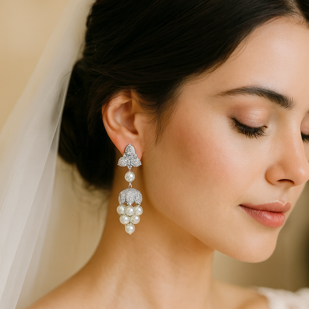 Boutique Design Jewelry 925 Silver Gold-Plated Synthetic Zircon White Round Pearl Tassel Earrings
