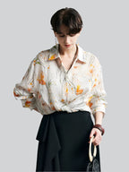 100% Ramie Floral Blouse  -  Women's Printed Shirt with Turn-Down Collar