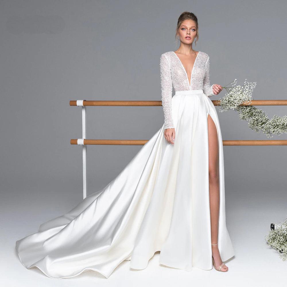 Luxury Long Sleeve Satin Wedding Dress – Simple & Chic Design, Custom Made