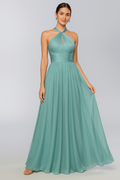 Halter Neck Champagne Bridesmaid Dress – Elegant Chiffon A-Line Floor-Length Gown with Built-in Bra (Customizable)