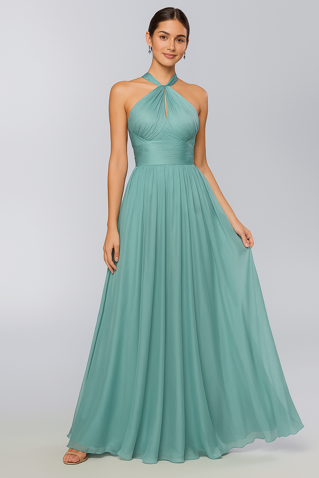 Halter Neck Champagne Bridesmaid Dress – Elegant Chiffon A-Line Floor-Length Gown with Built-in Bra (Customizable)