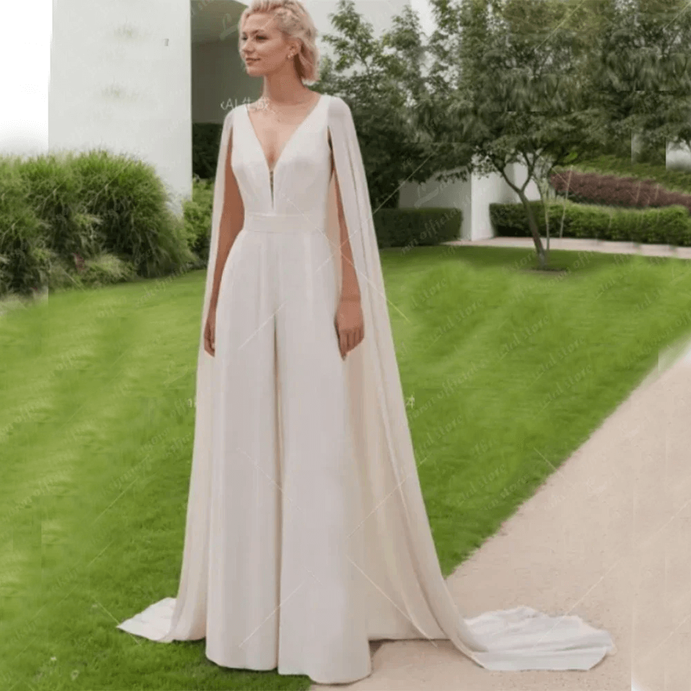 Ivory Bridal Jumpsuit with Cape – V-Neck Bridal Pantsuit, Custom Made