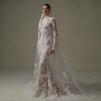 Vintage Lace Mermaid Wedding Dress – High Collar, Long Sleeves & Backless Design, Custom Made