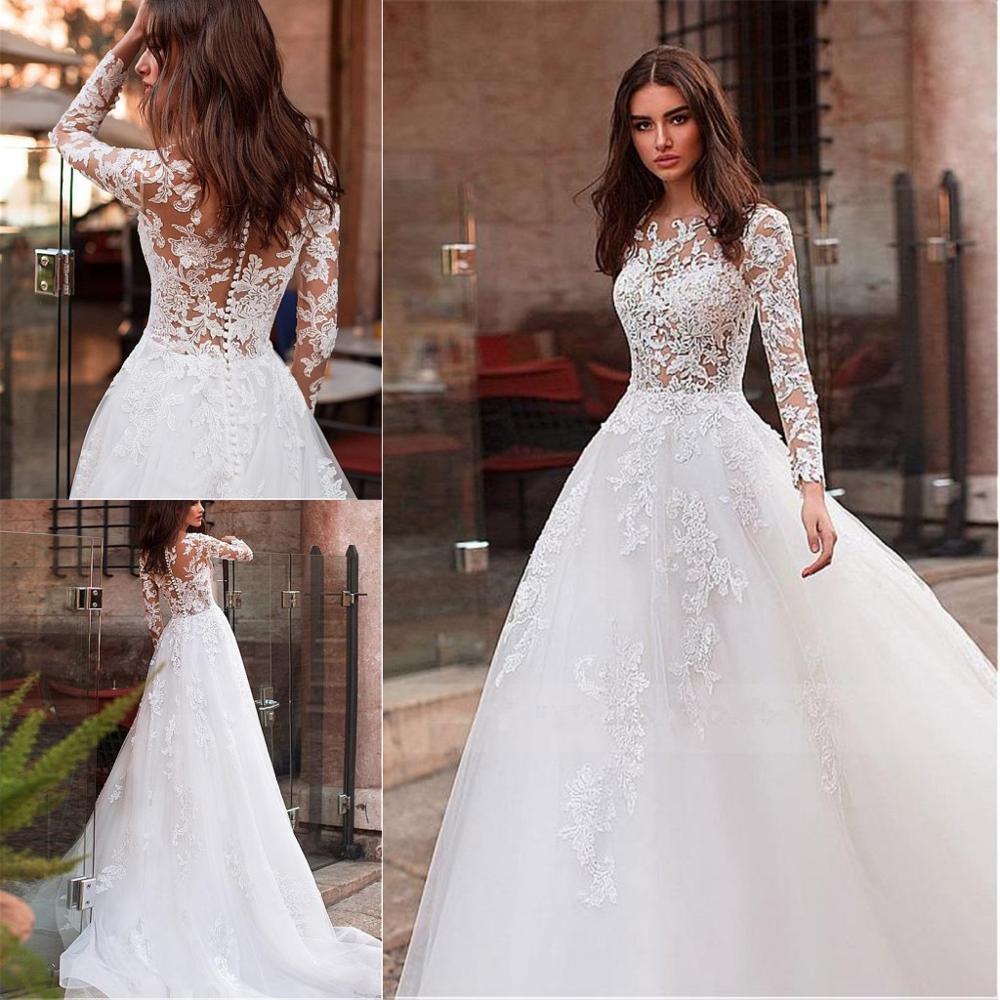 Lace Appliqué Tulle A-Line Wedding Dress – Long Sleeves & Romantic Bridal Elegance, Custom Made