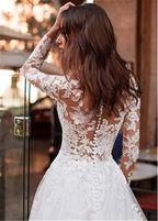 Lace Appliqué Tulle A-Line Wedding Dress – Long Sleeves & Romantic Bridal Elegance, Custom Made