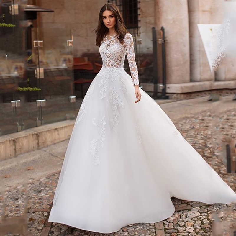 Lace Appliqué Tulle A-Line Wedding Dress – Long Sleeves & Romantic Bridal Elegance, Custom Made