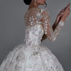 White Princess Ball Gown Wedding Dress – Long Sleeves, Sequined Beading & Royal Train, Custom Made
