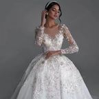 White Princess Ball Gown Wedding Dress – Long Sleeves, Sequined Beading & Royal Train, Custom Made