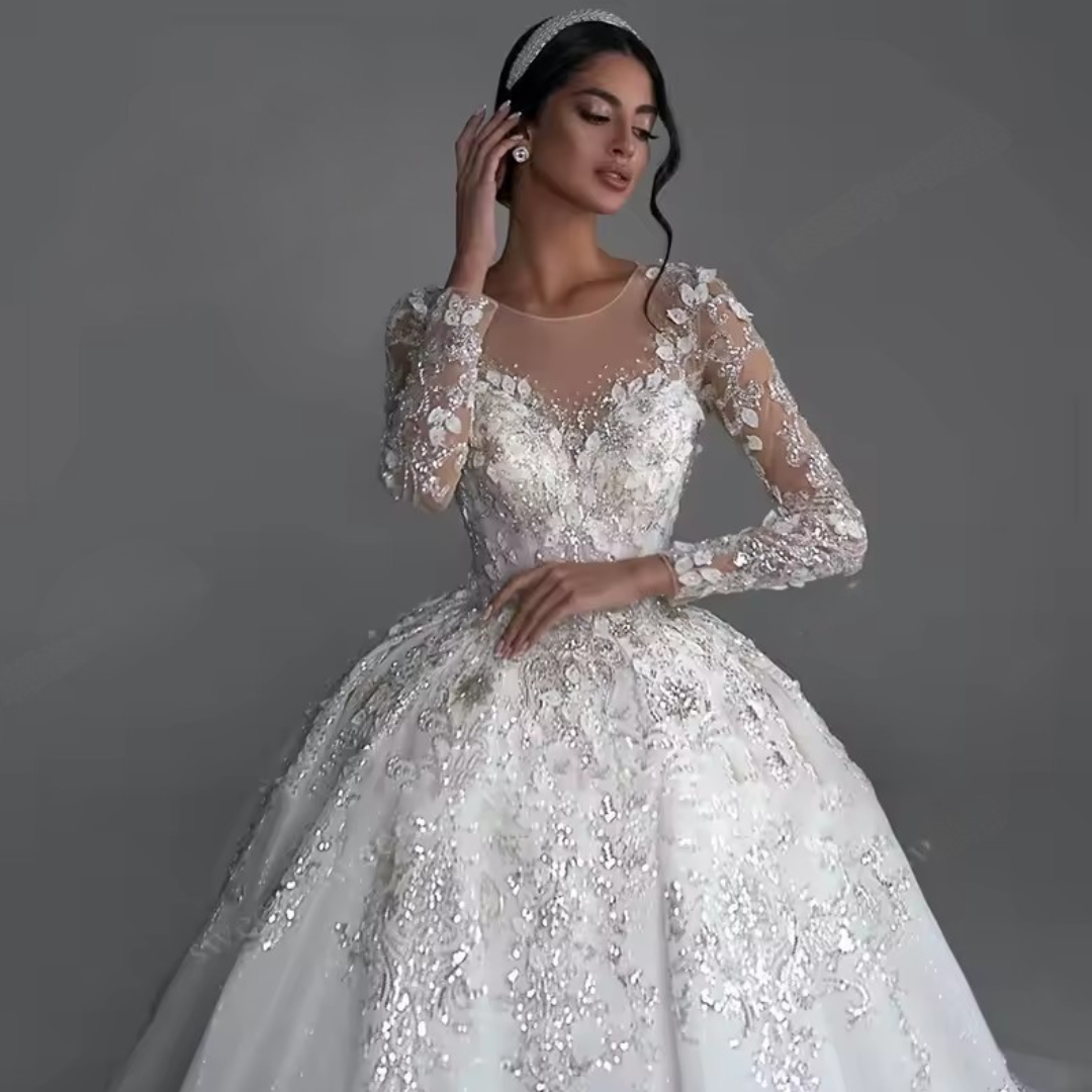 White Princess Ball Gown Wedding Dress – Long Sleeves, Sequined Beading & Royal Train, Custom Made
